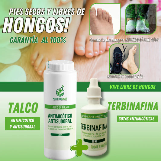 PACK: TERBINAFINA + TALCO ANTIMICÓTICO (ELIMINA HONGOS EN LAS UÑAS Y PIE DE ATLETA) - S033